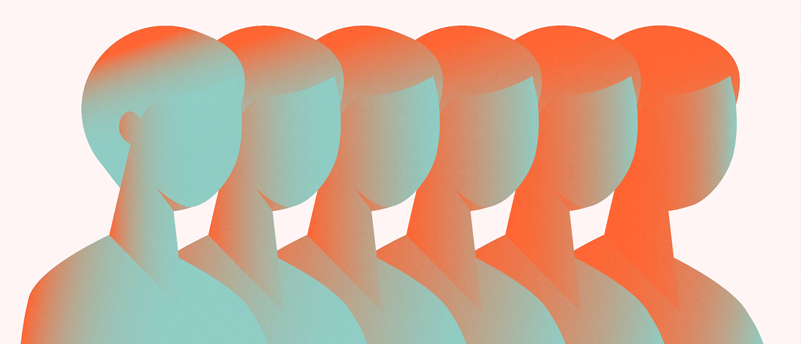Illustration of 6 overlapping silhouettes of people, with shades of green and orange representing the fluidity of migraine disease evolution.
