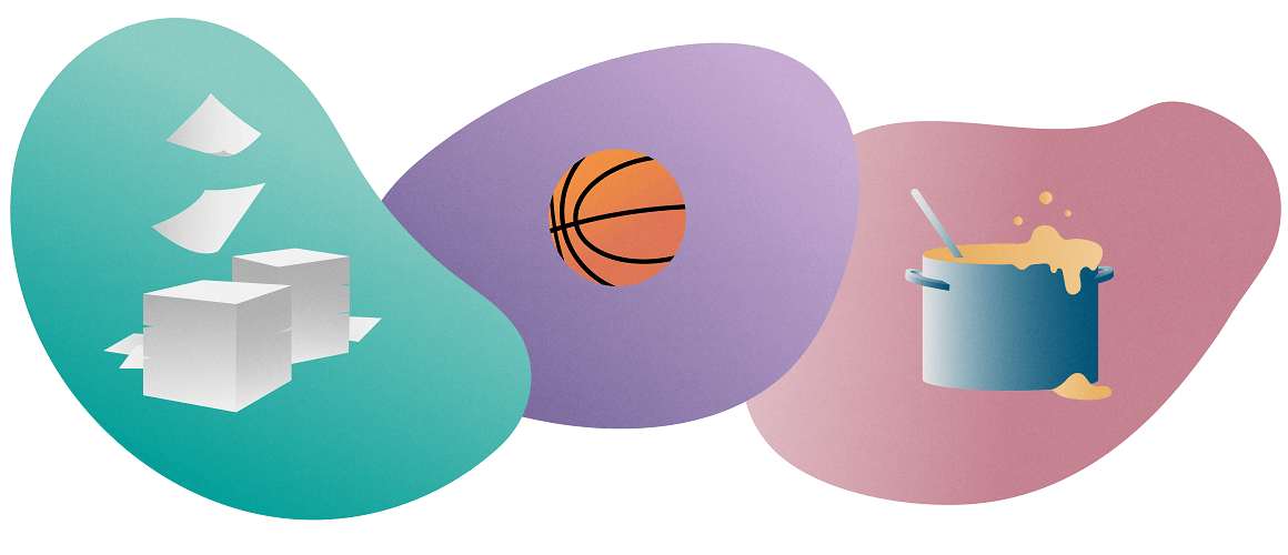 Compilation of 3 illustrations from left to right: Stack of papers on green background, football on purple background, and a pot of stew on pink background.