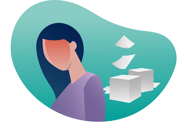 Silhouette of a woman with headache (red shading) in front of a pile of papers, on a green background.