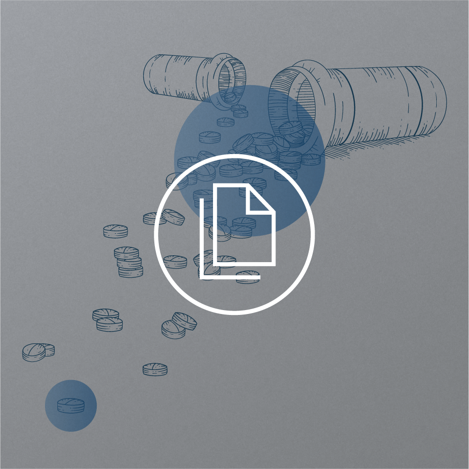White wrench icon enclosed in a circle overlaid on a monochromatic illustration of 2 open medicine bottles on their sides and scattered medicine tablets.