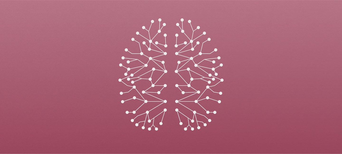 Illustration of a brain-shaped network on a pink background.
